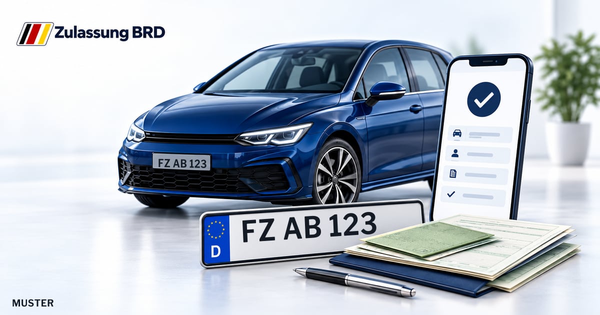 Online Fahrzeugzulassung in Niedenstein: Musterkennzeichen FZ AB 123, Auto und Fahrzeugpapiere und Smartphone. Illustration mit Logo von Zulassung BRD.